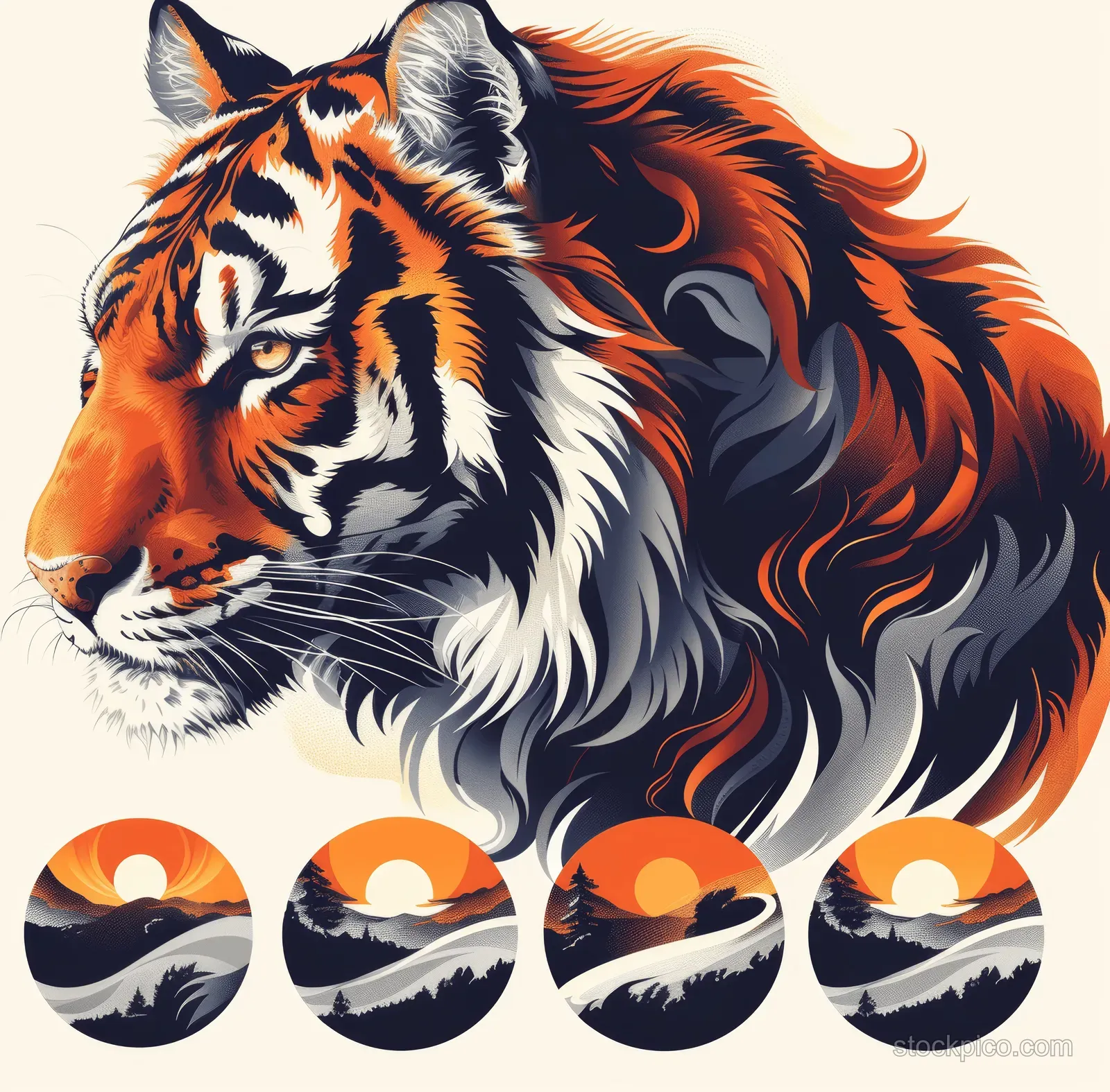 A fierce tiger head and full-body illustration with orange-black mane over a sunset gradient and three small landscape emblems.