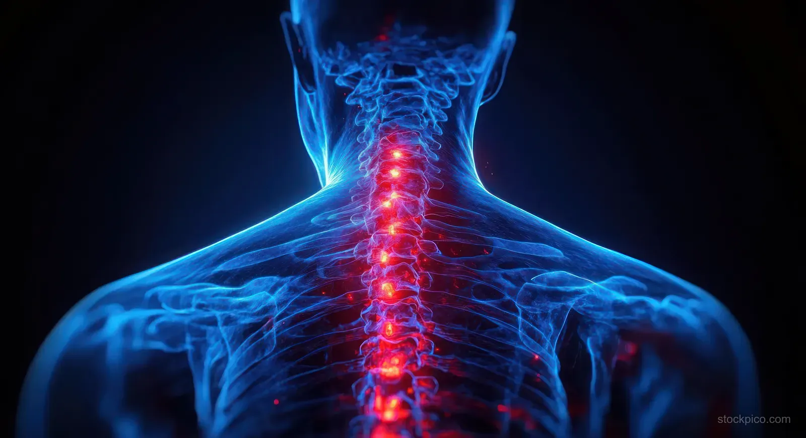 Translucent upper body medical illustration with a spine and red glowing vertebrae indicating inflammation.