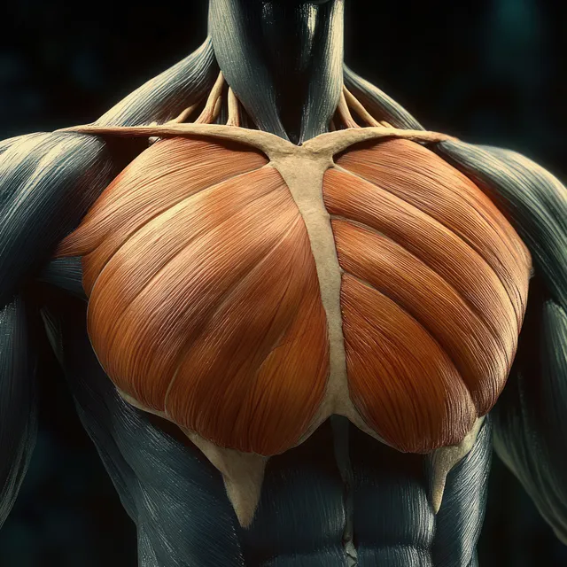 Pectoral muscle anatomical render with tendons and ribs isolated on a black background
