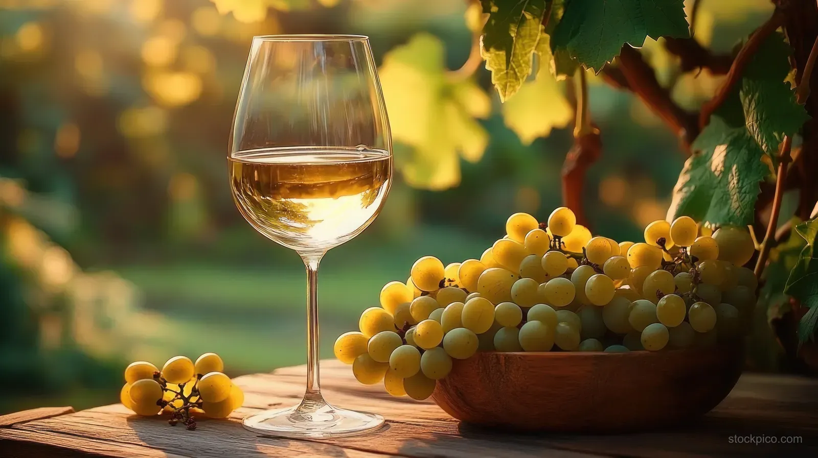 White wine glass and wooden bowl of ripe yellow grapes on a rustic table with blurred vineyard greenery behind.
