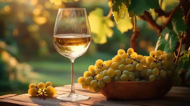 White wine glass beside a wooden bowl of ripe yellow grapes on rustic table