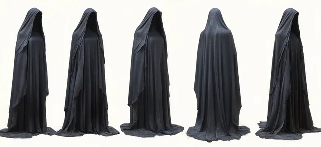 Five-sided view of a hooded figure in a dark cloak on a plain light backdrop