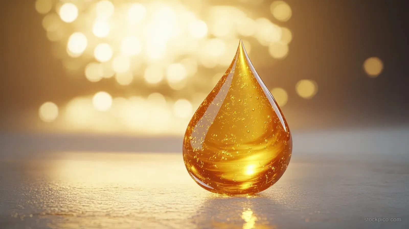 A glowing golden serum droplet floats over a reflective surface with warm bokeh lights in the background.