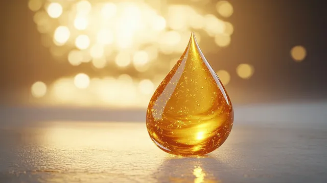A glowing golden serum droplet floats over a reflective surface with warm bokeh lights in the background.
