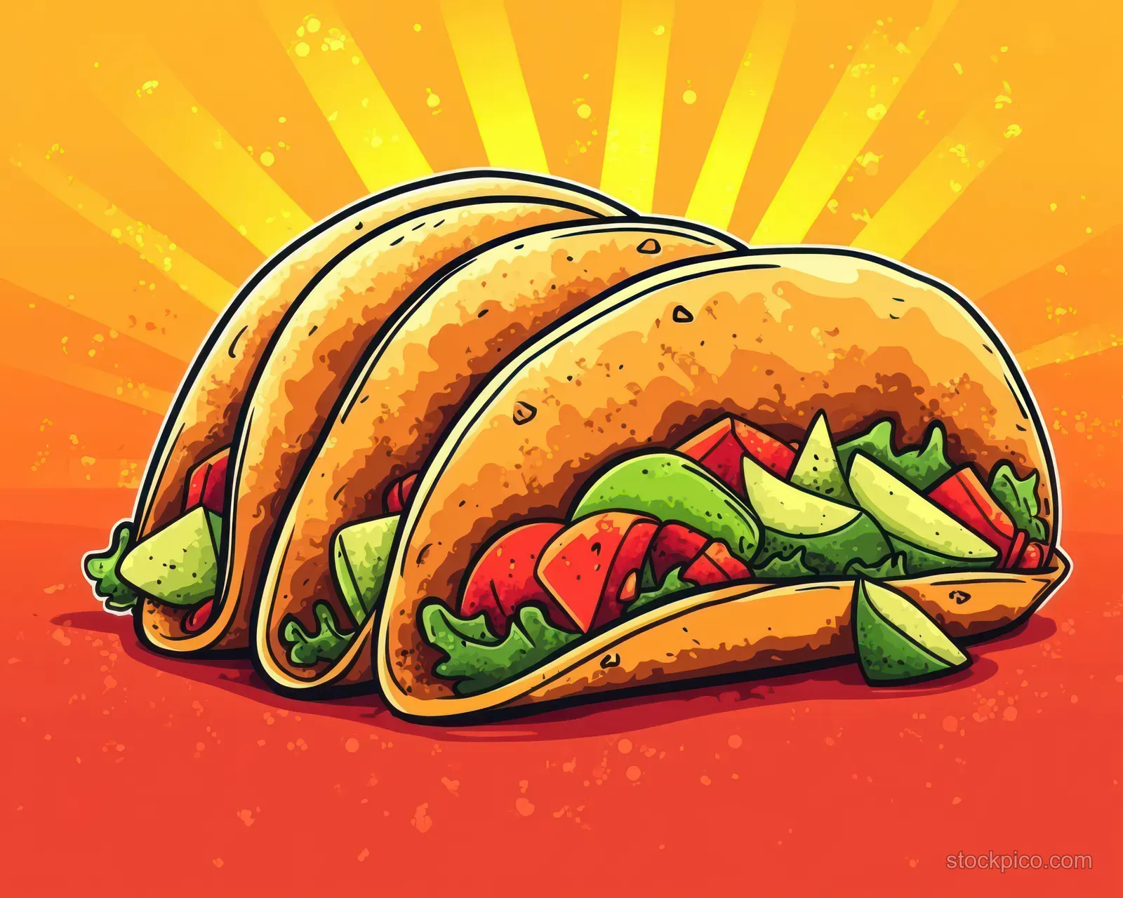 Three tacos with lettuce, tomato slices, and avocado pieces on a bright orange sunburst background.