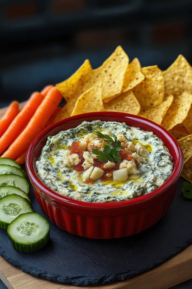 Creamy spinach artichoke dip in a red bowl garnished with cheese and herbs beside tortilla chips, cucumber slices, and carrot sticks.