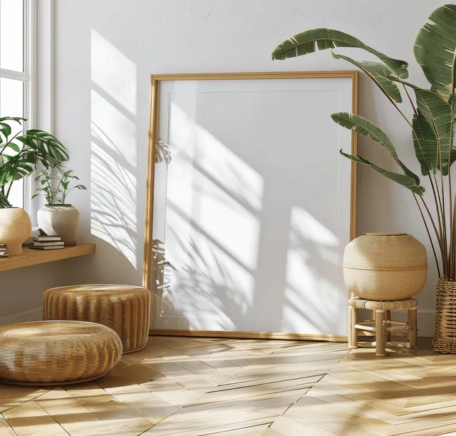 A photorealistic A4 blank frame mockup in a bright Scandinavian living room with minimalist decor and natural wood flooring.