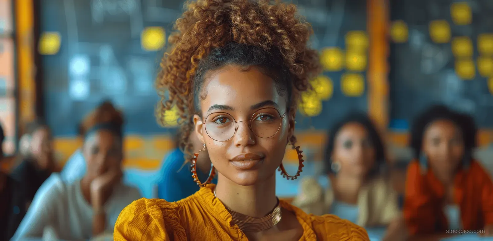 A young woman with curly hair and glasses sits in a classroom while classmates blur behind her.