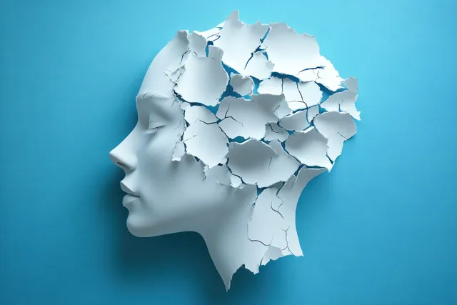 A cracked white plaster face bust in side profile disintegrates into fragments against a blue background.