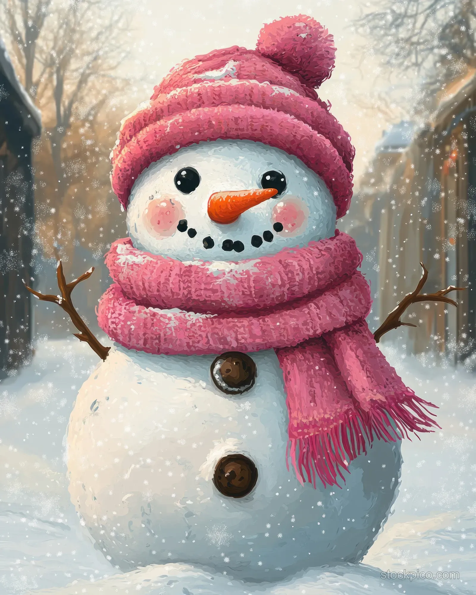 Smiling snowman in a pink knit hat and scarf with button eyes and carrot nose on a snowy village street.