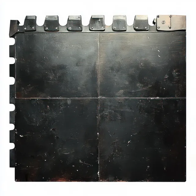 Worn black interlocking foam puzzle mat panel with raised connecting edges isolated on a white background.
