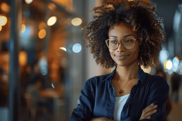 An African American businesswoman with arms crossed wears glasses in a modern office with softly blurred lights behind her.