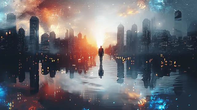 Silhouette of person walking through futuristic city skyline with glowing digital identity lights