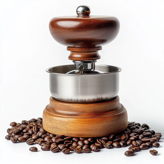 Vintage wooden manual coffee grinder with stainless steel bowl and scattered coffee beans with Kitchen Still Life