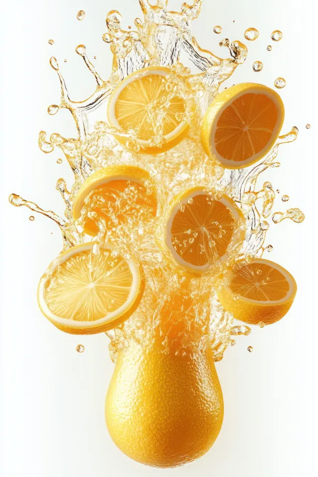 Orange juice splash with citrus slices and droplets suspended on a white background.