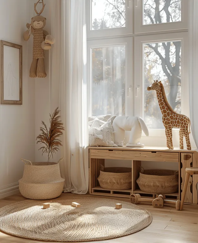 Mockup picture frame displayed beside wooden toys on a table in a bright minimal kids room with window light.