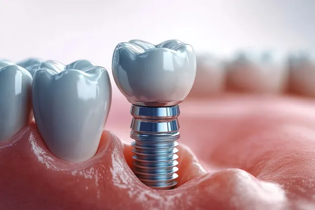 Dental implant screw sits in gum tissue next to natural teeth, showing metallic threads and soft tissue texture.