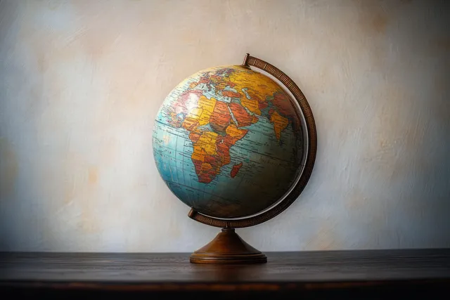 Vintage globe on a wooden stand with colorful countries and continent details against a textured neutral wall.