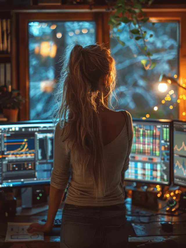 Young woman at home office studying rising market graphs on monitors