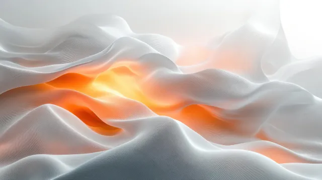 Flowing grey wave shapes with warm orange highlights swirl across a smooth abstract backdrop.