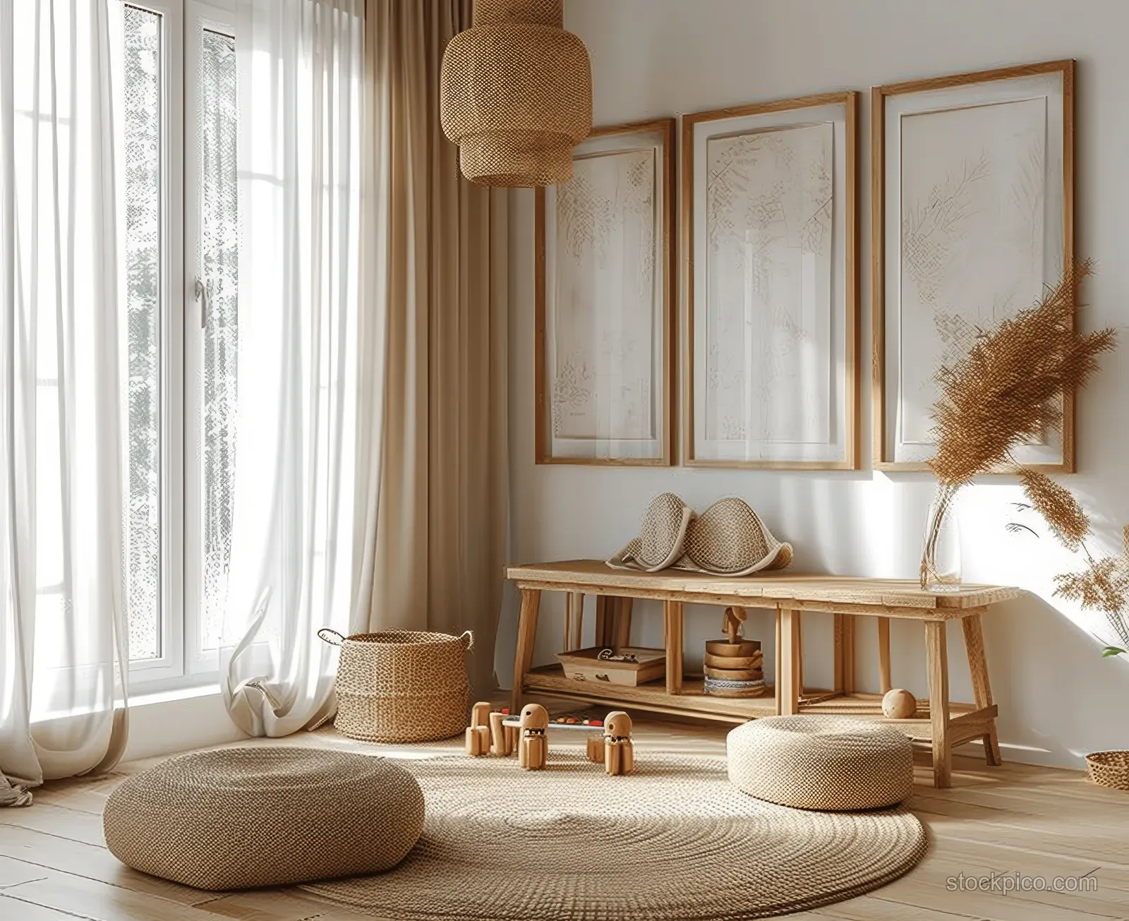 Scandinavian nursery interior with wooden framed wall art, beige rug, and soft pillows near a sunlit window.