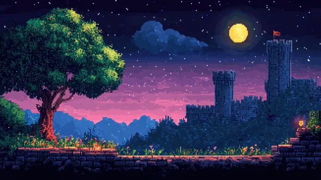 Night pixel art landscape with castle towers, a big tree on a platform, and a glowing level-up button.