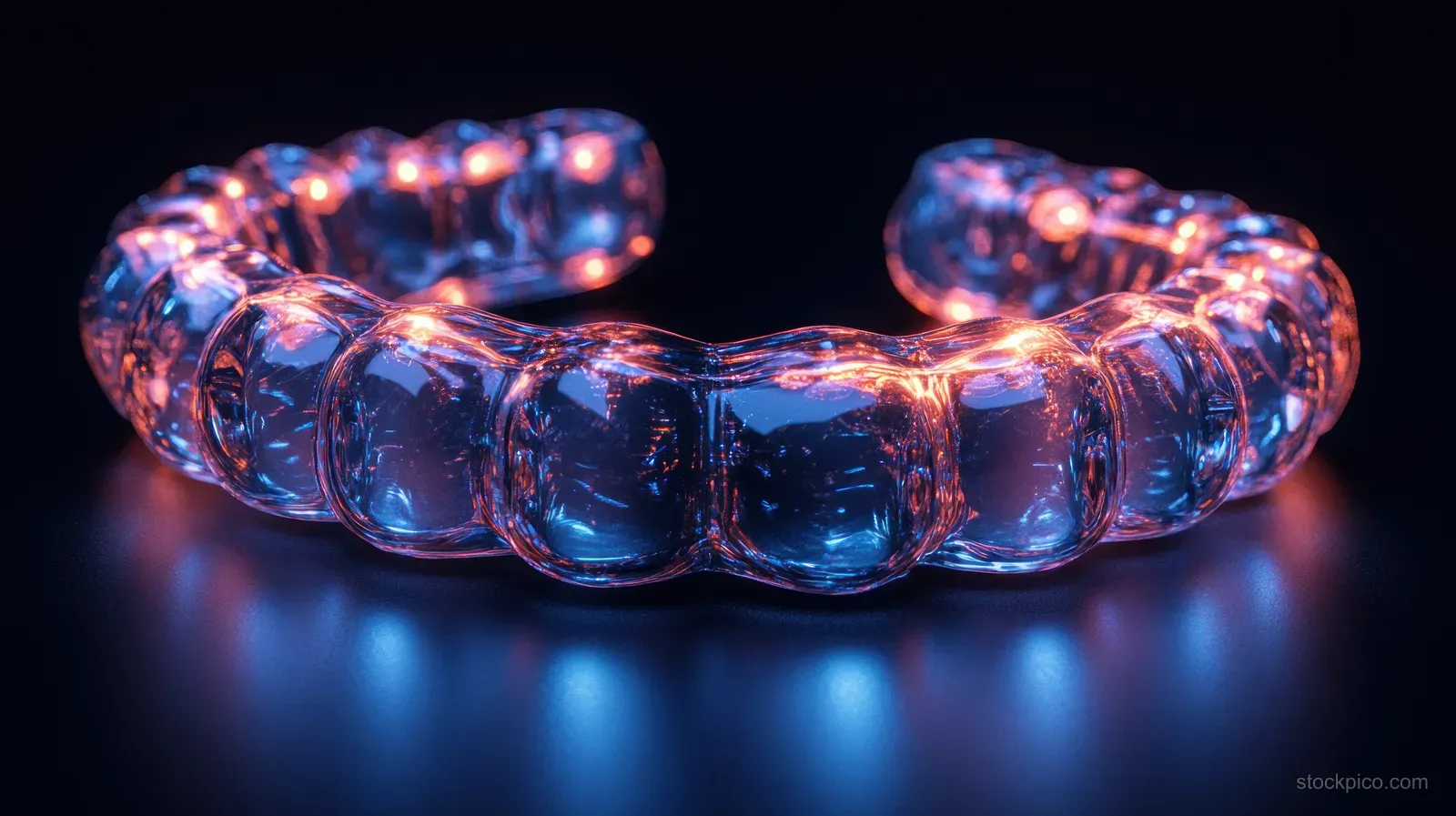 Transparent bruxism mouth guard lies on a black glossy background with visible ridges and reflection.