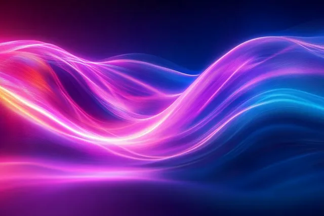 Neon light waves ripple across a dark background in pink, purple, and blue glow