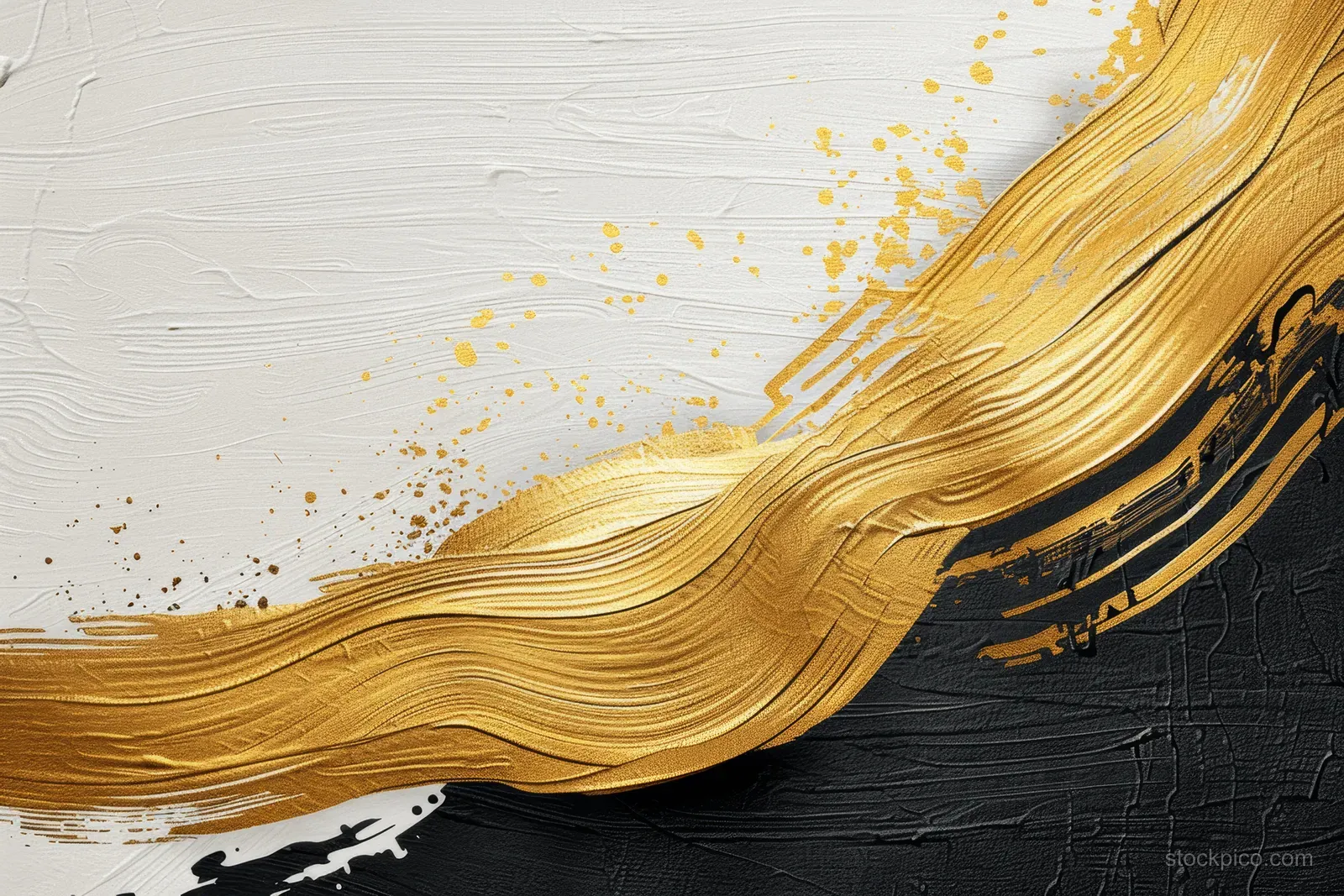 Japanese gold brush stroke with ink splatters across textured white paper background.