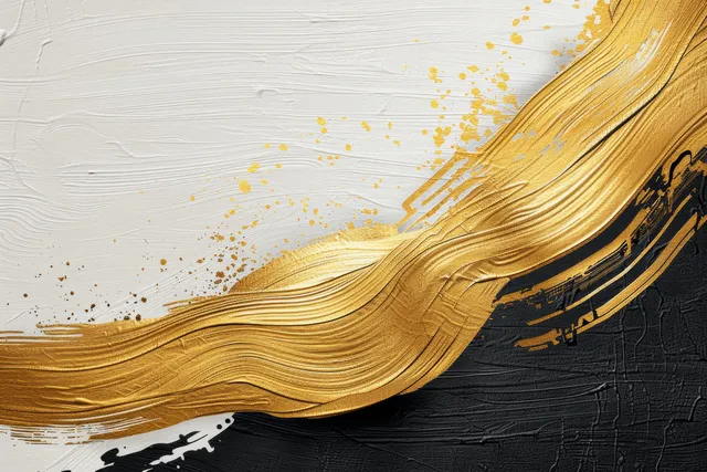 Japanese gold brush stroke with ink splatters across textured white paper background.