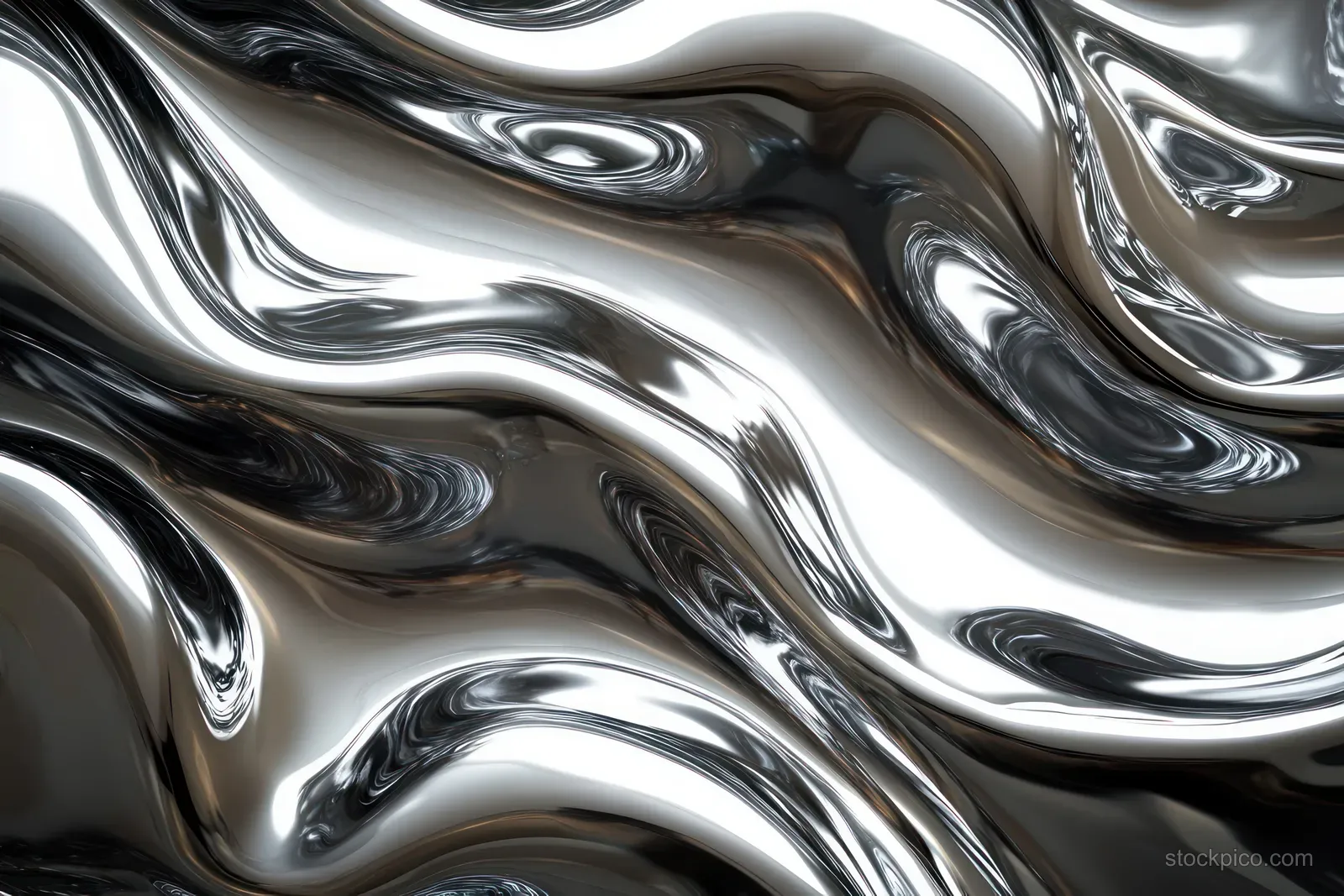 Swirling reflective chrome liquid ripples create glossy highlights on a dark metal background.