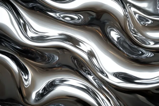 Reflective chrome liquid ripples swirling across a dark glossy metal background