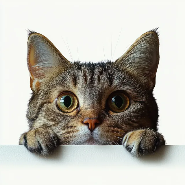 Curious tabby cat peeks over a white surface with wide eyes and ears perked up.
