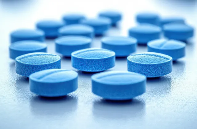 Close-up blue tablets scattered on reflective surface with shallow focus and soft blur with Out Of Focus Pills
