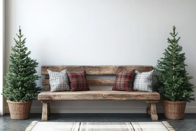 Rustic wooden bench with plaid cushions between two potted evergreen trees against a white wall.