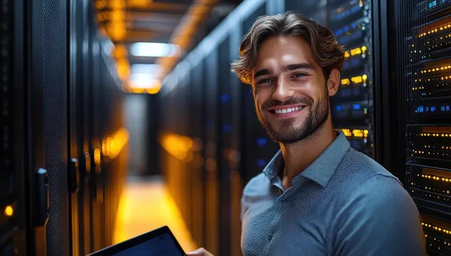 Smiling IT worker holding a tablet in a server room with glowing blue racks