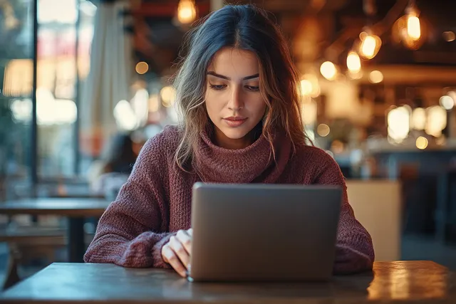 A focused woman types on a laptop at an outdoor cafe table with warm lights blurred in the background.