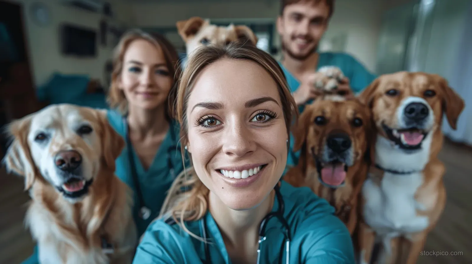 Smiling veterinarians take a group selfie with several dogs inside a veterinary clinic room.
