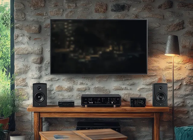 Televisor de pantalla plana en una pared de piedra sobre una consola de sonido de madera con altavoces, luz de lámpara y plantas de interior.