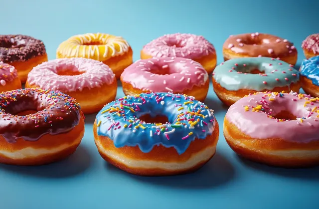 Assorted iced donuts with colorful frosting and sprinkles arranged on a blue background.
