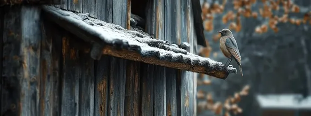 A small bird perches on a snow-dusted wooden eave with blurred autumn leaves in the background.