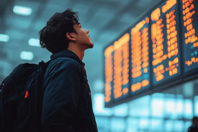 Young man with backpack studies glowing flight information board in modern airport terminal