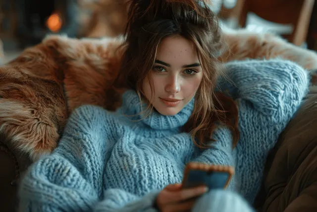 Young woman in blue sweater texting on smartphone while relaxing on armchair at home