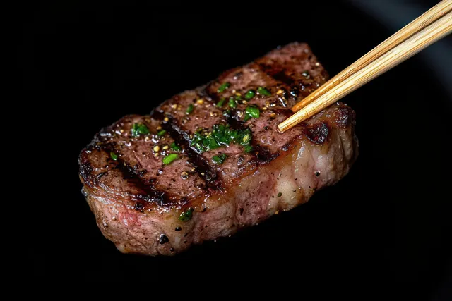 A juicy grilled steak slice with herbs and pepper is held by wooden chopsticks against a black background.