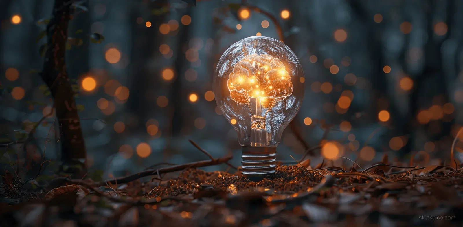 A glowing light bulb sits in forest soil with warm orange bokeh lights behind it.