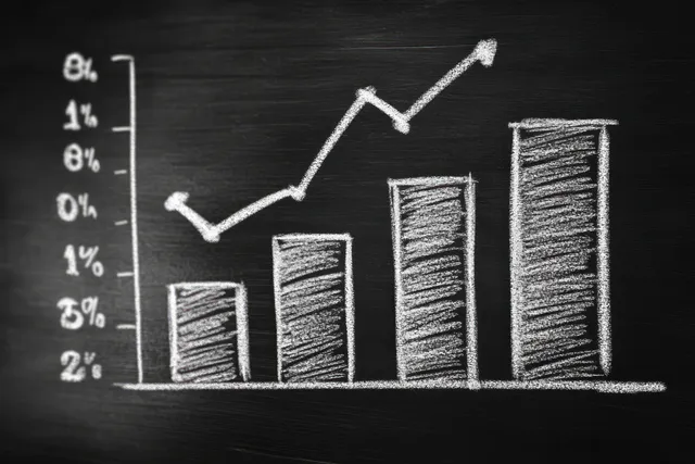 Chalkboard bar graph shows rising employment rates with percent ticks and upward arrow