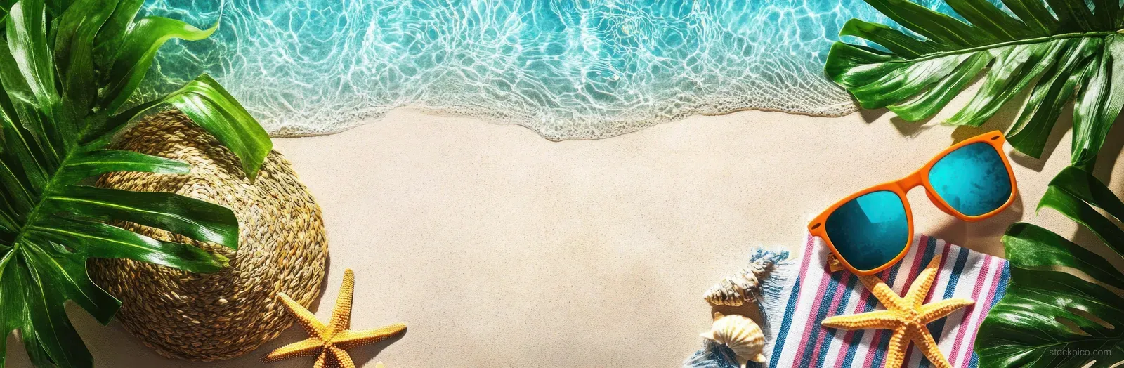 Sunglasses and a starfish lie on a beach towel with ocean waves and green leaves framing the edges.