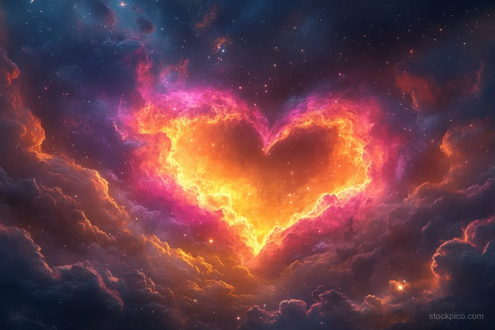 A glowing heart-shaped nebula surrounded by colorful cosmic clouds and scattered stars.