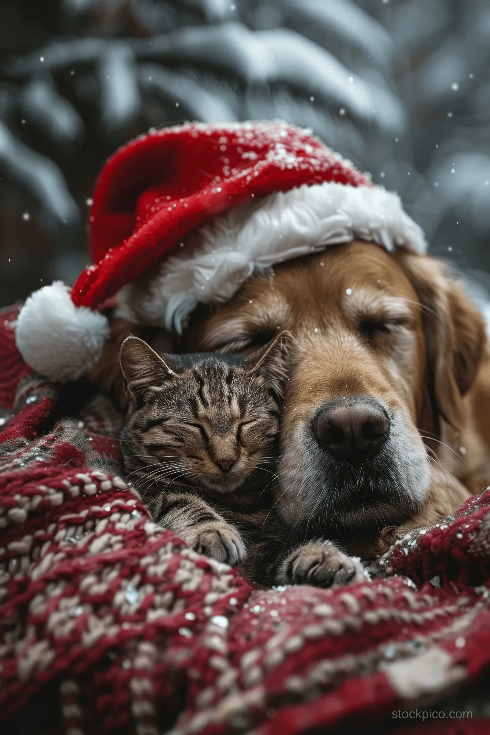 A golden retriever and a cat in Santa hats sleep on a red blanket near a softly lit Christmas tree.