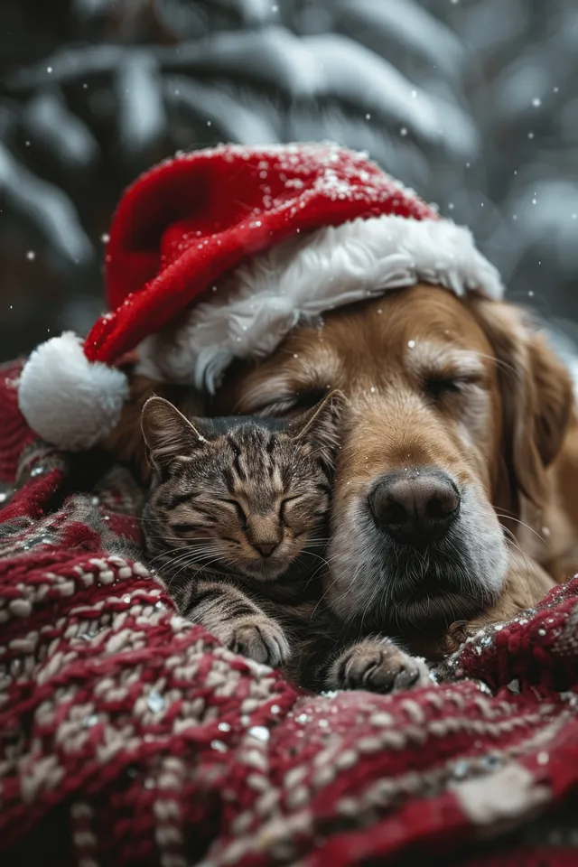A golden retriever and a cat in Santa hats sleep on a red blanket near a softly lit Christmas tree.